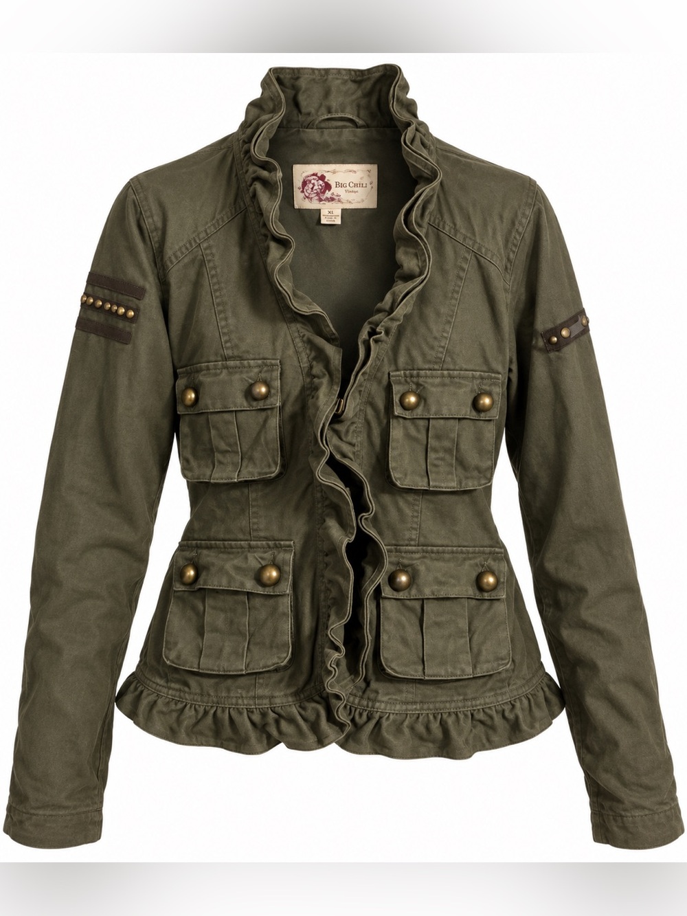 Big Chill Vintage XL Olive Green Ruffle Military Cargo Jacket Romantic Goth